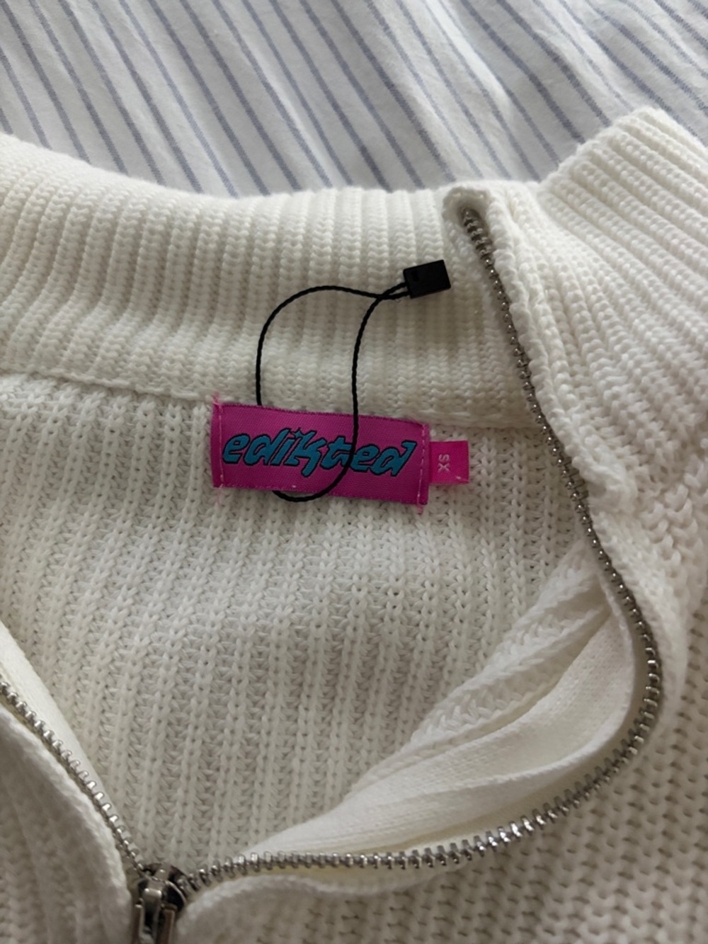 Edikted Cream and Navy Striped Half-Zip Turtleneck Sweater - Picture 2 of 3